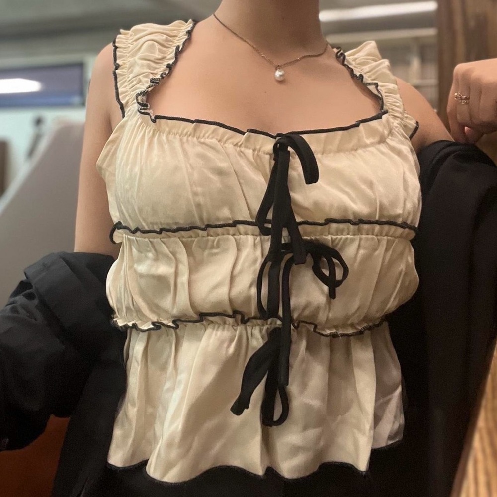 Cream Ruffled Tie-Front Top